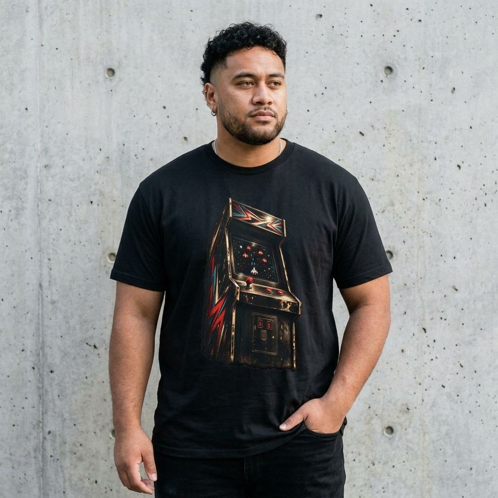 Model wearing Retro Arcade Game Tee against a cement wall