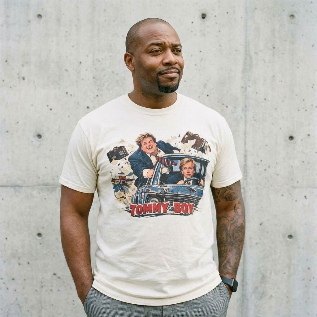 Model wearing Tommy Boy Vintage Movie Tee against a cement wall
