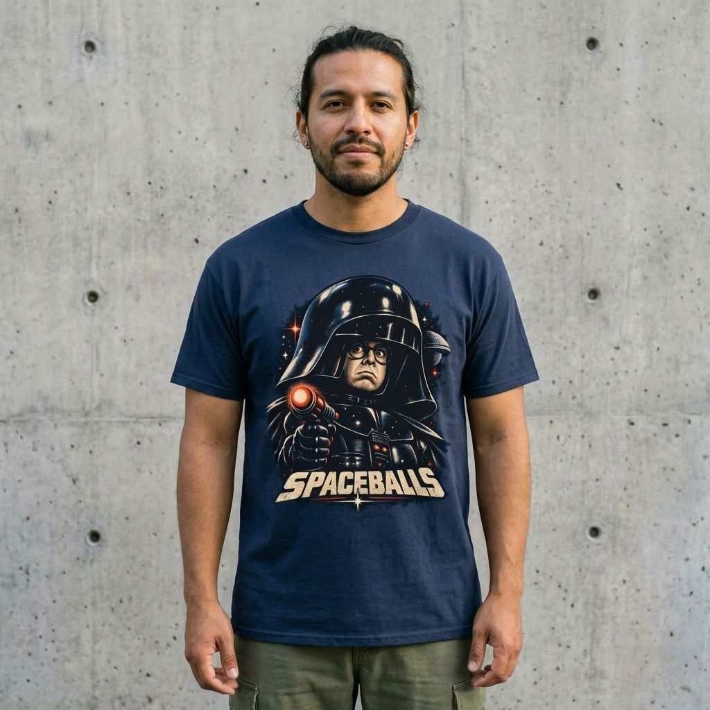Model wearing Spaceballs Dark Helmet Graphic Tee against a cement wall