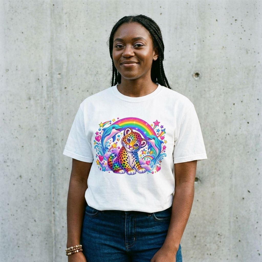 Model wearing Lisa Frank Inspired Leopard Rainbow Tee against a cement wall