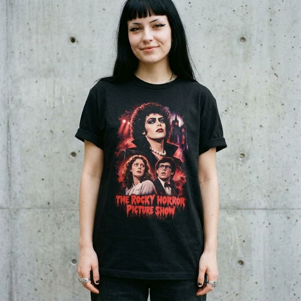 Model wearing Rocky Horror Picture Show Graphic Tee against a cement wall