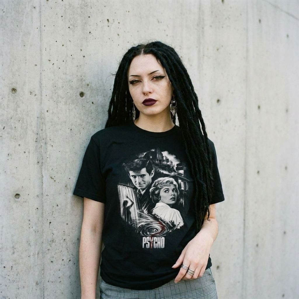 Model wearing Psycho Vintage Movie Poster Tee – Retro Horror Graphic against a cement wall