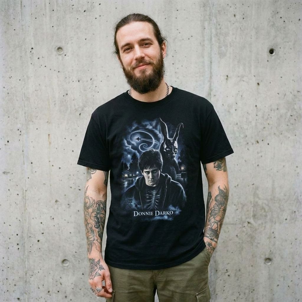 Model wearing Donnie Darko Graphic Tee against a cement wall