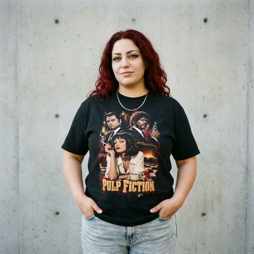 Model wearing Pulp Fiction Graphic Tee against a cement wall