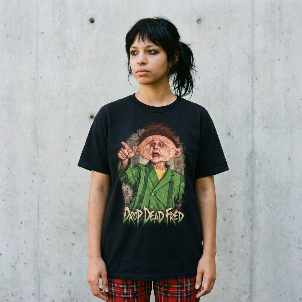 Model wearing Drop Dead Fred Vintage Tee – 90s Cult Movie Graphic Shirt against a cement wall