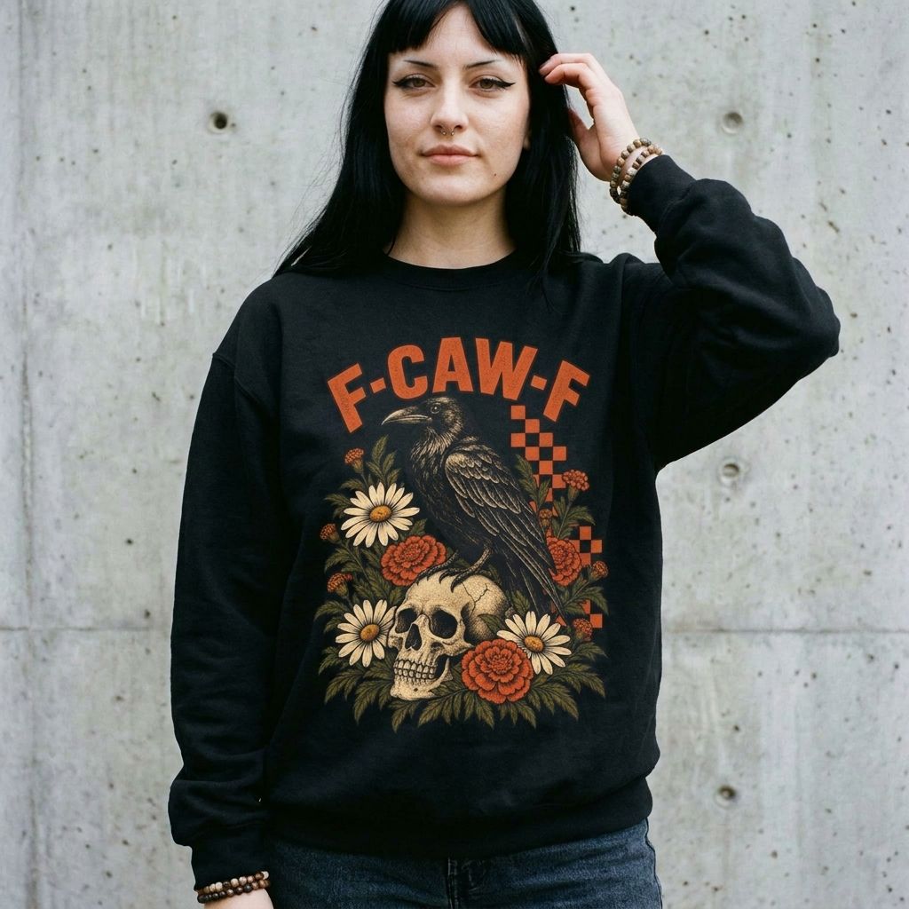 Model wearing F-CAW-F Floral Raven Sweatshirt against a cement wall