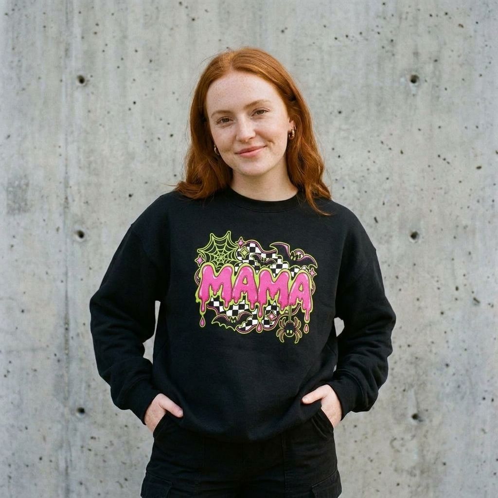 Model wearing Neon Drip Checkerboard "Mama" Design Sweatshirt against a cement wall