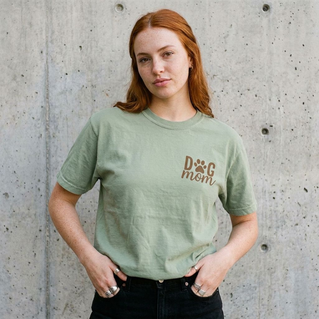 Model wearing Dog Mom Graphic Tee against a cement wall