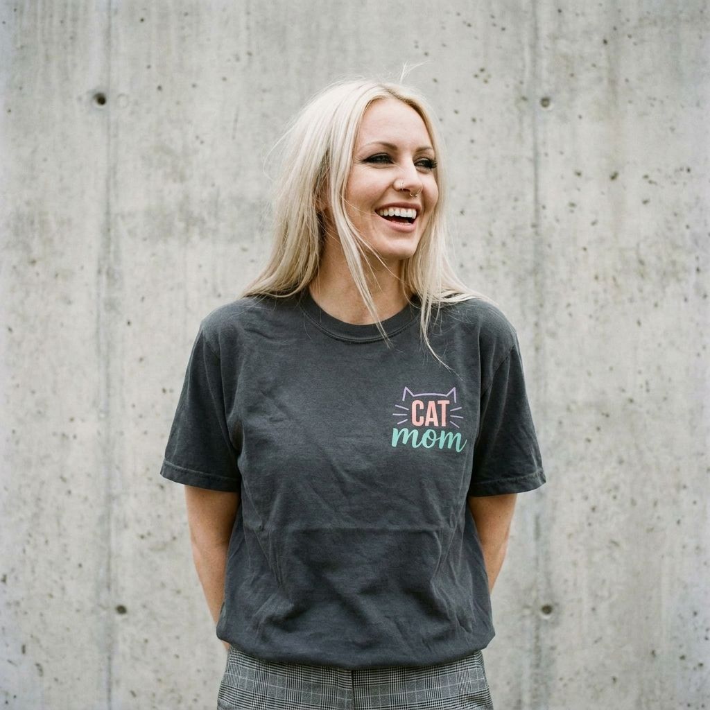 Model wearing Cat Mom Tee – Minimal Cat Outline Graphic Shirt against a cement wall