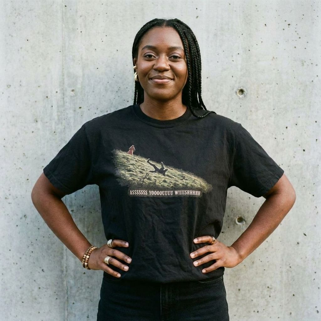 Model wearing The Princess Bride 'As You Wish' Tee against a cement wall