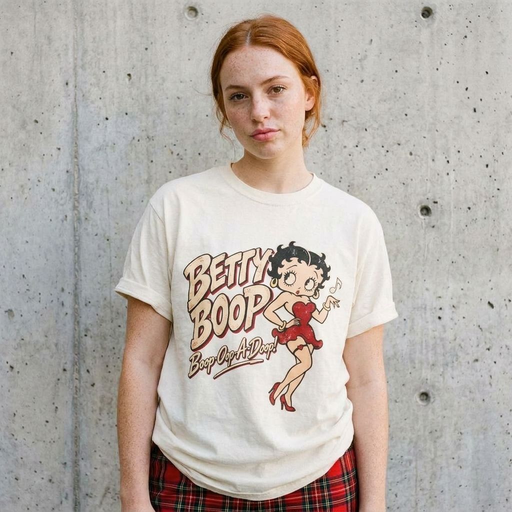 Model wearing Betty Boop Vintage Graphic Tee against a cement wall