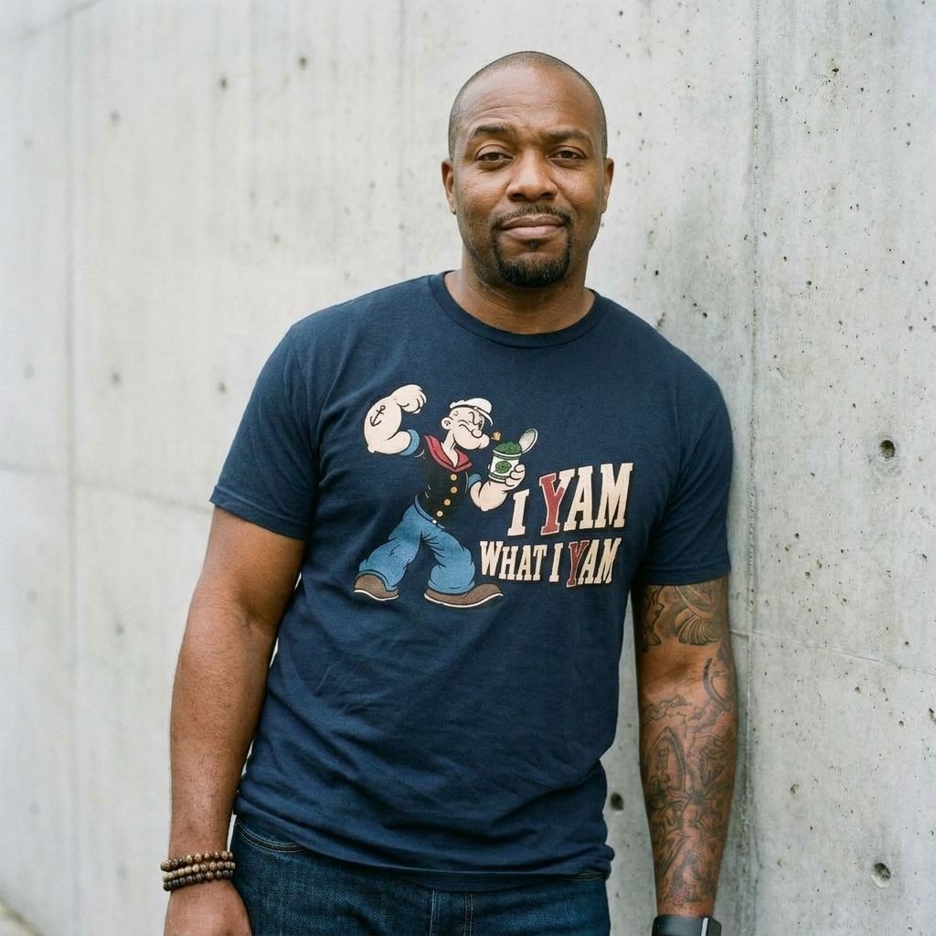 Model wearing I Yam What I Yam Popeye Graphic T-Shirt against a cement wall