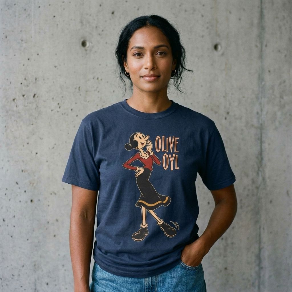 Model wearing Olive Oyl Vintage Cartoon T-Shirt against a cement wall