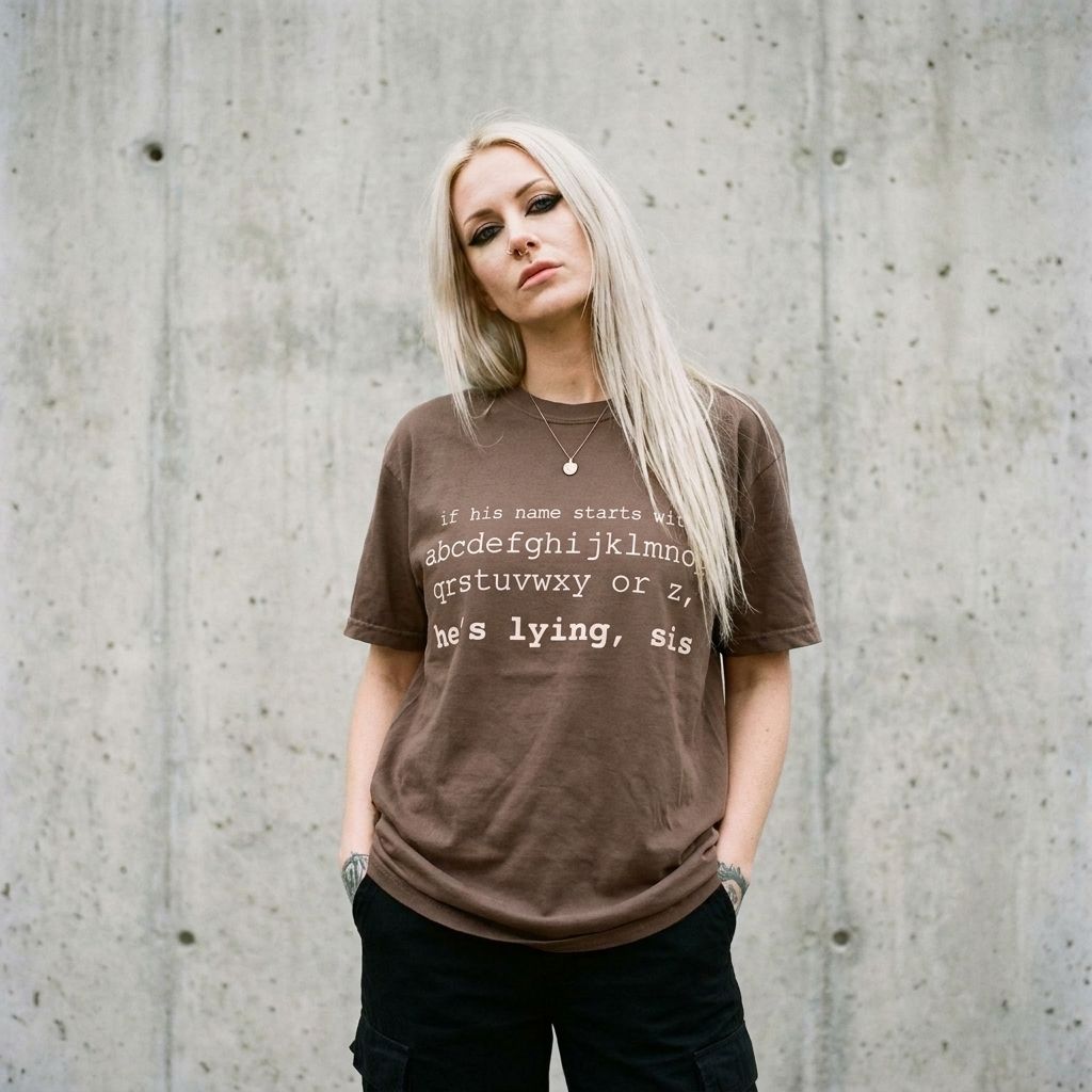 Model wearing He's Lying, Sis Tee – Funny Alphabet Typography Shirt against a cement wall