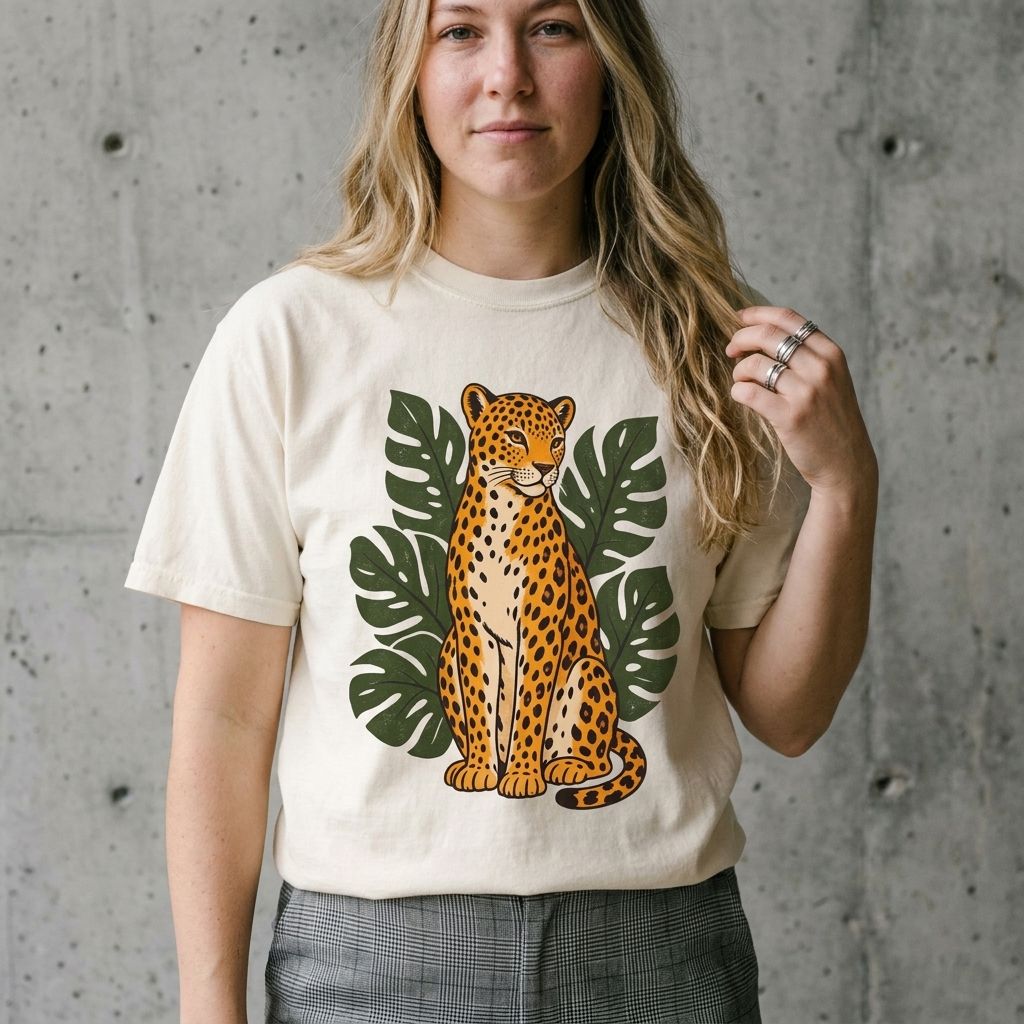 Model wearing Leopard & Monstera Tee against a cement wall