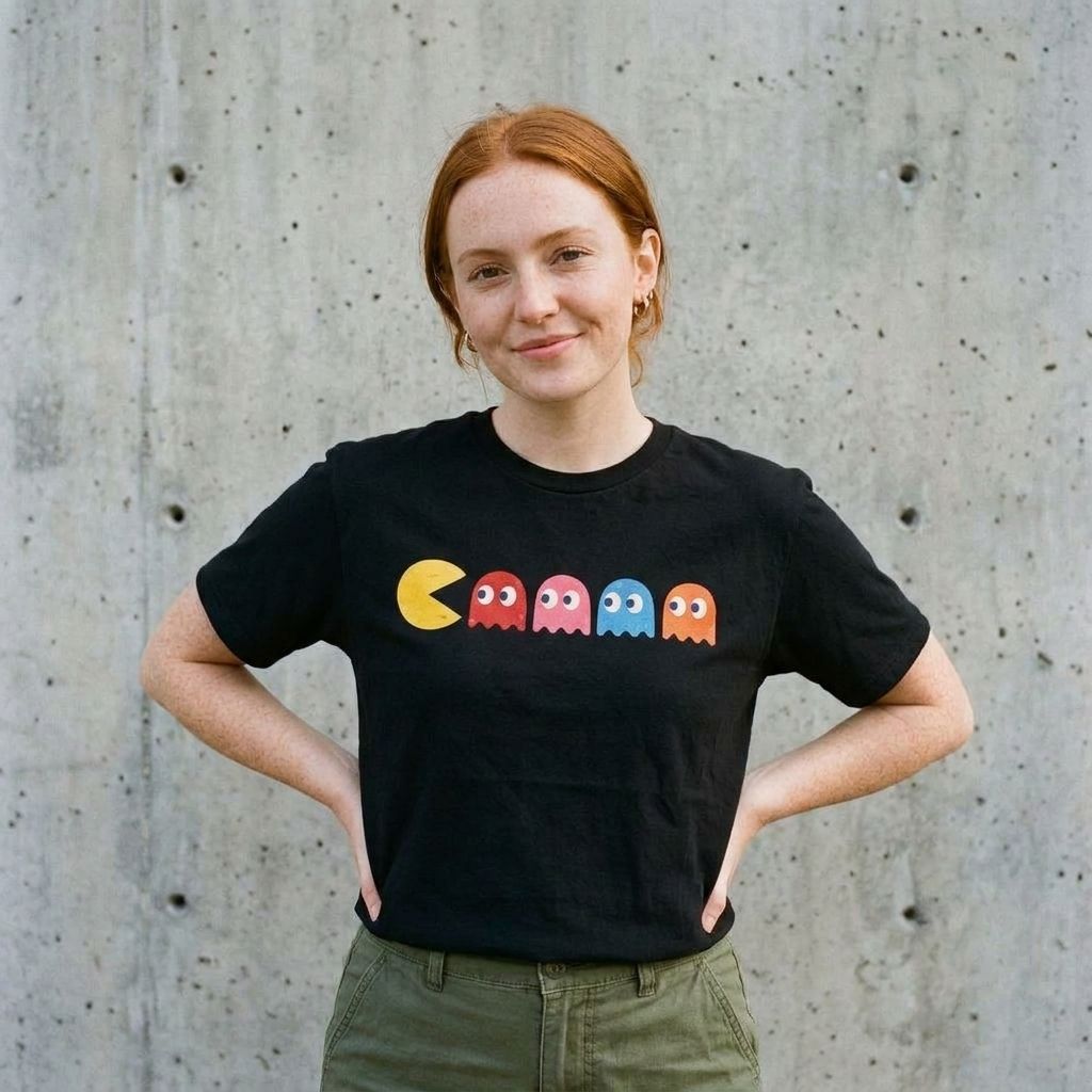 Model wearing Pac-Man Retro Arcade Tee against a cement wall