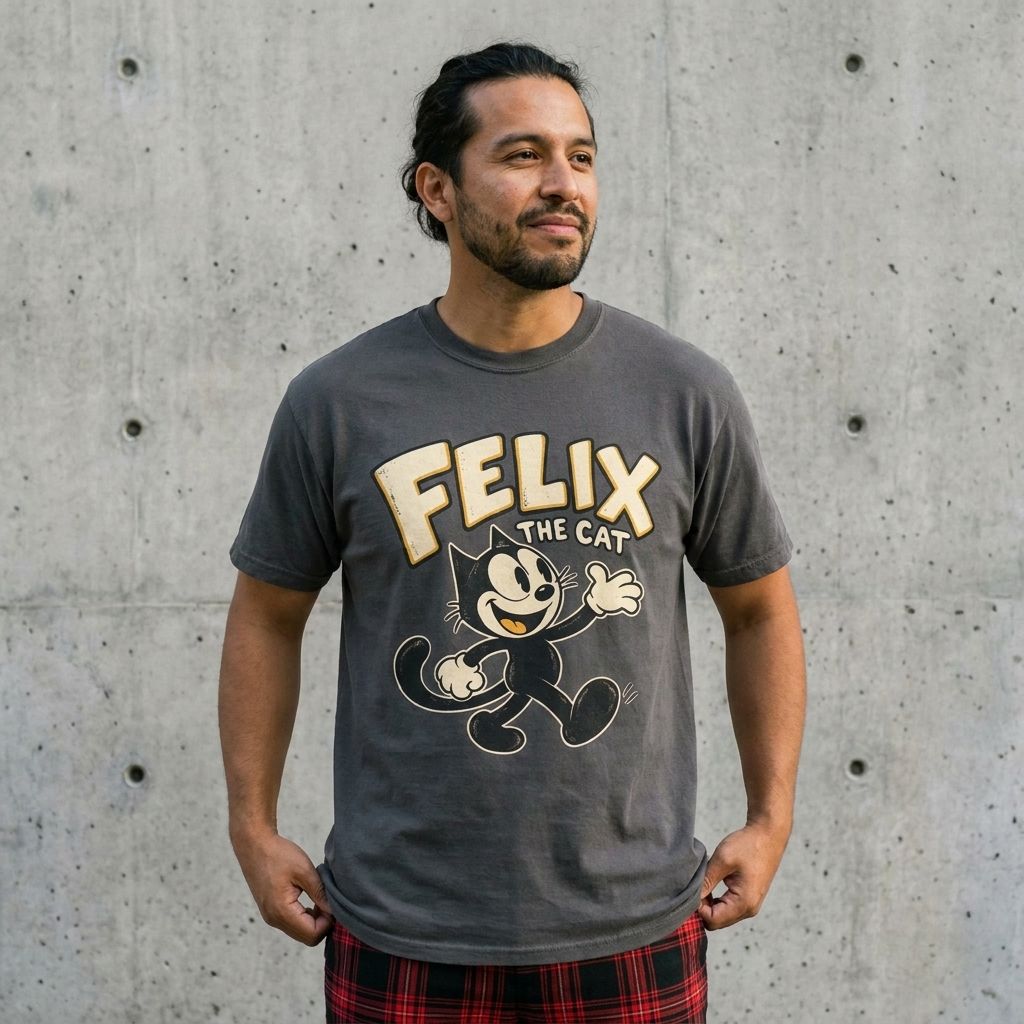 Model wearing Felix the Cat Retro Graphic Tee against a cement wall