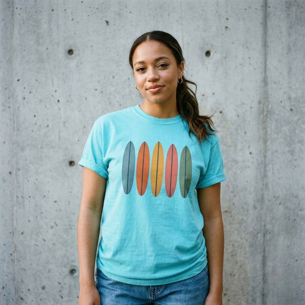 Model wearing Surfboard Row Retro Beach Tee against a cement wall