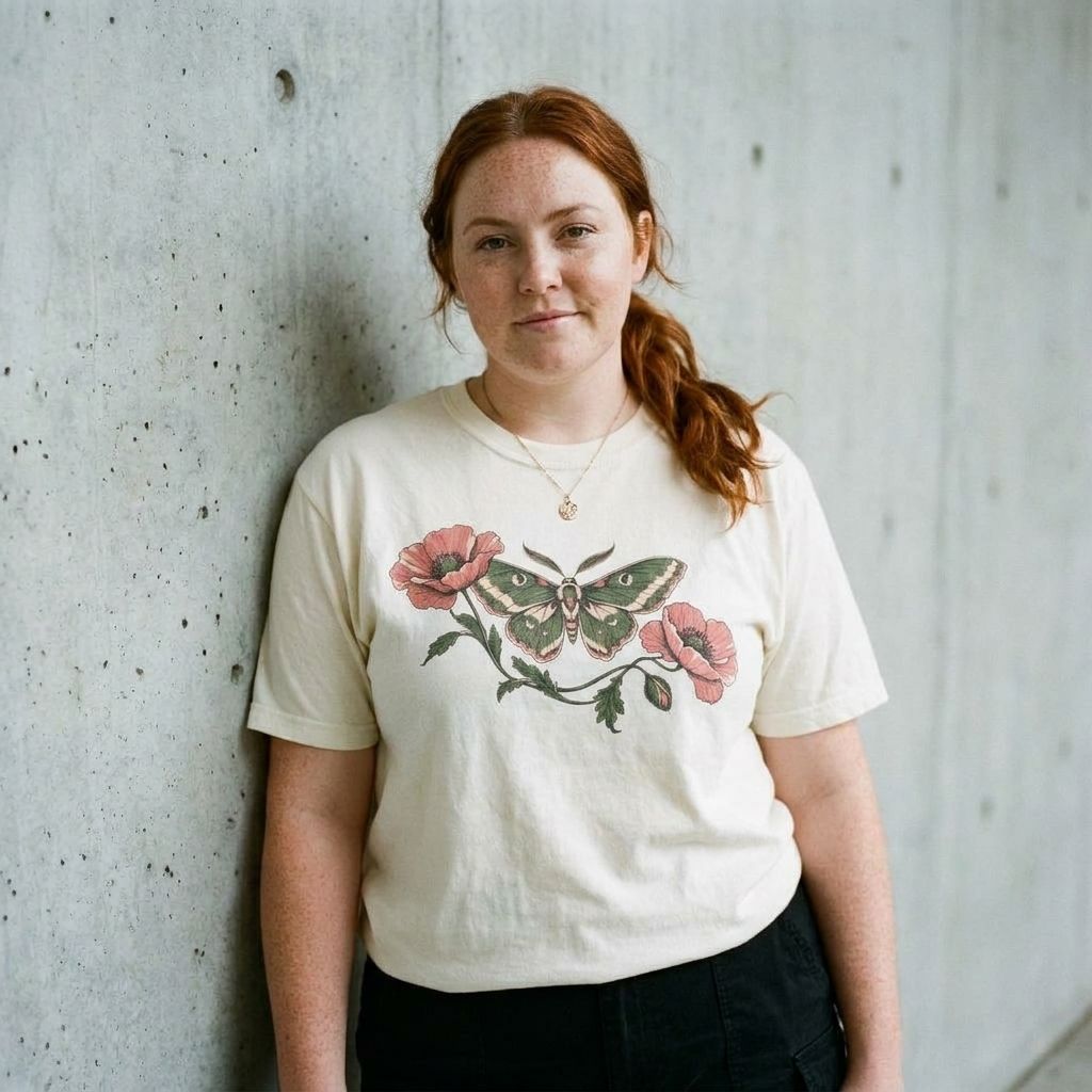 Model wearing Vintage Moth and Poppy Botanical Tee against a cement wall