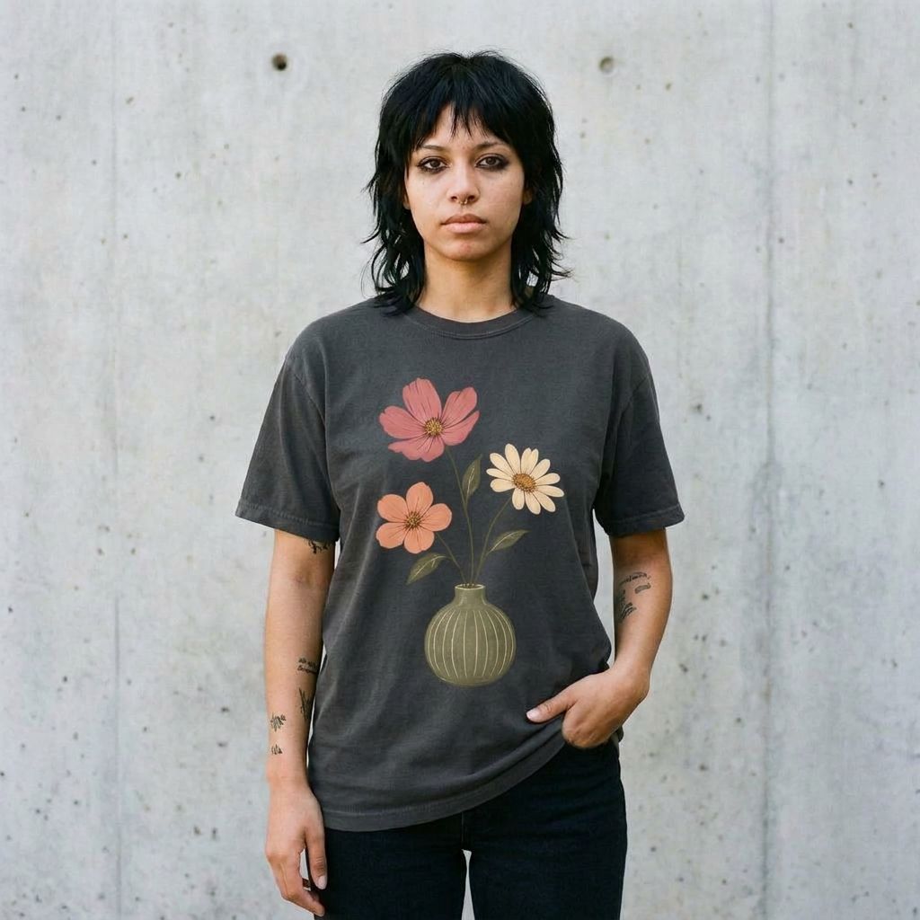 Model wearing Vintage Wildflower Graphic Tee against a cement wall