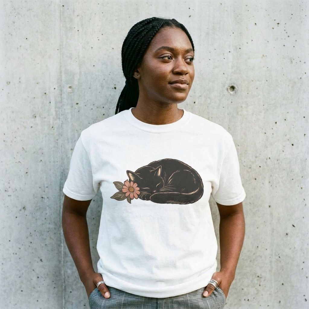 Model wearing Sleeping Black Cat Tee against a cement wall