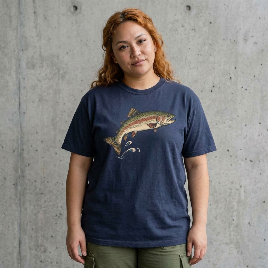 Model wearing Vintage Leaping Rainbow Trout Tee against a cement wall