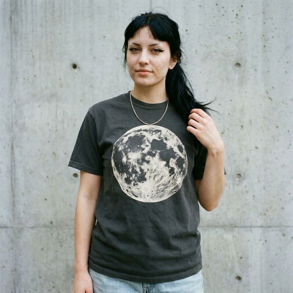Model wearing Moon Phase Graphic Tee against a cement wall