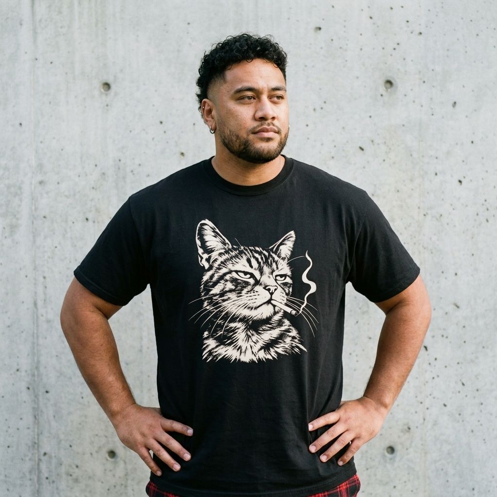 Model wearing Smoking Cat Graphic Tee against a cement wall