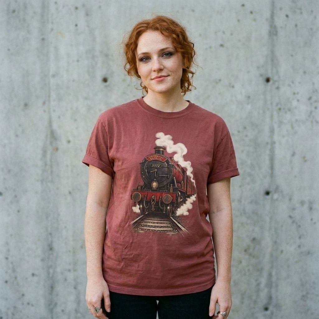 Model wearing Hogwarts Express Harry Potter Tee against a cement wall