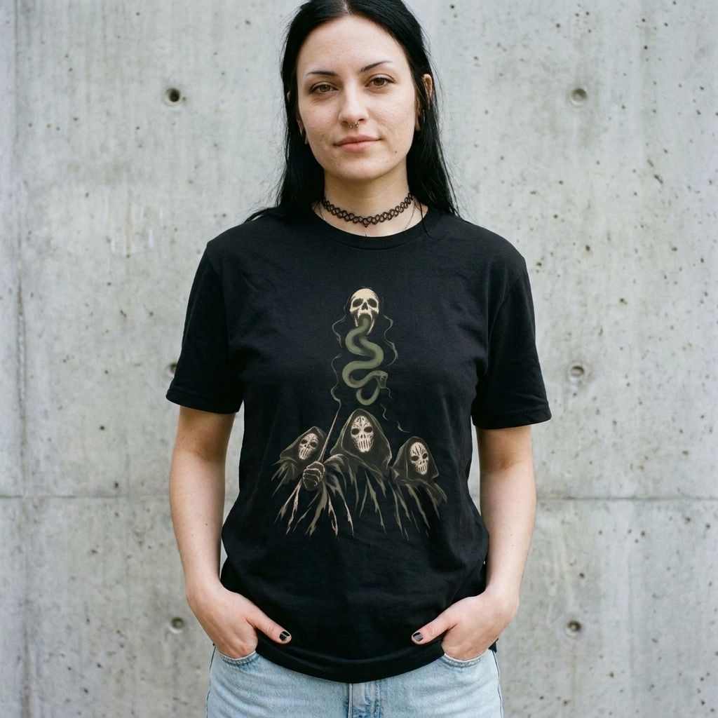 Model wearing Death Eaters Dark Mark Tee – Wizarding Gothic Graphic against a cement wall