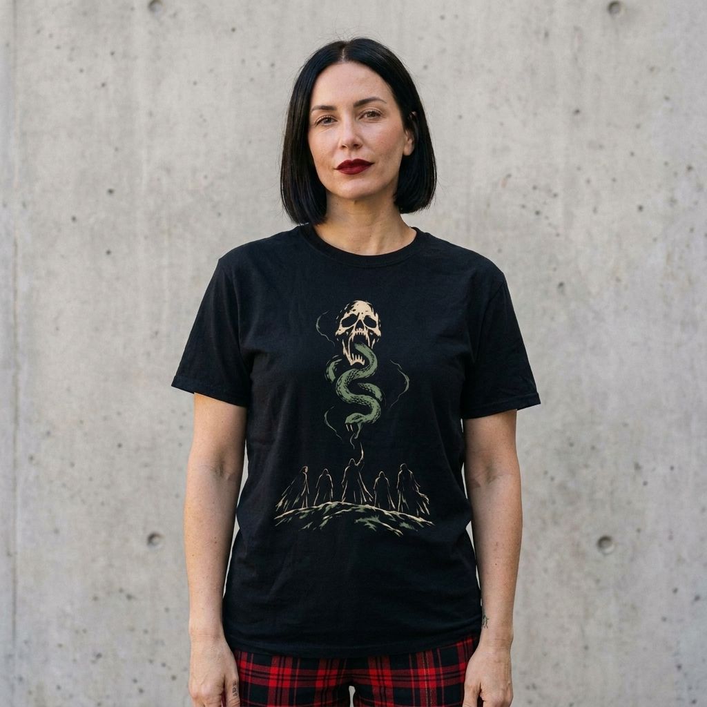 Model wearing Death Eaters Dark Mark Smoke Tee – Dark Wizard Graphic against a cement wall