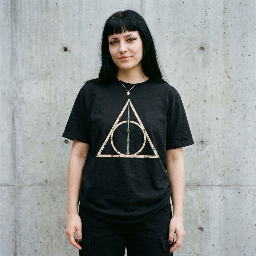 Model wearing Deathly Hallows Symbol Graphic Tee against a cement wall