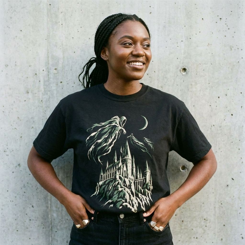 Model wearing Harry Potter Dementors Tee against a cement wall