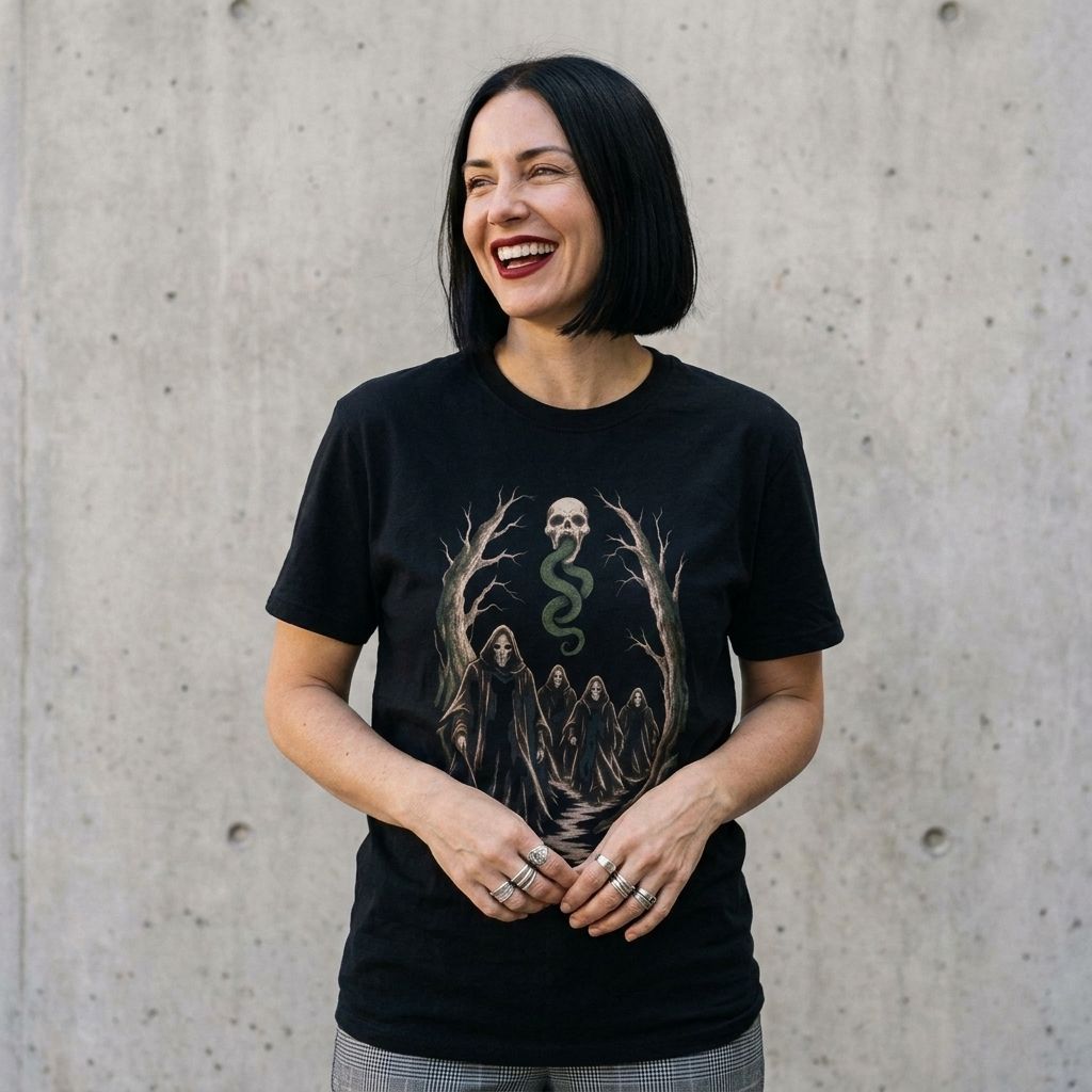 Model wearing Death Eaters Dark Mark Forest Tee against a cement wall