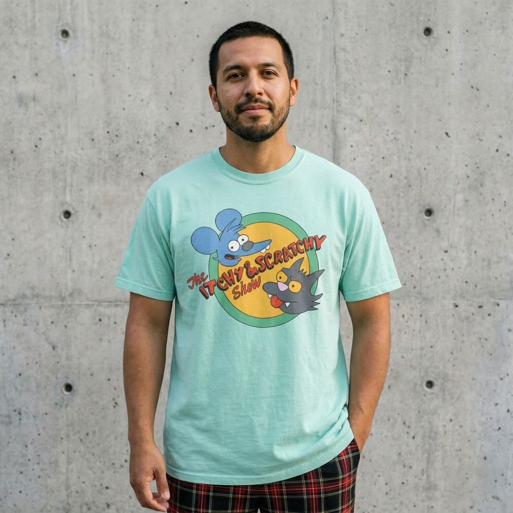 Model wearing The Itchy & Scratchy Show Cartoon T-Shirt against a cement wall