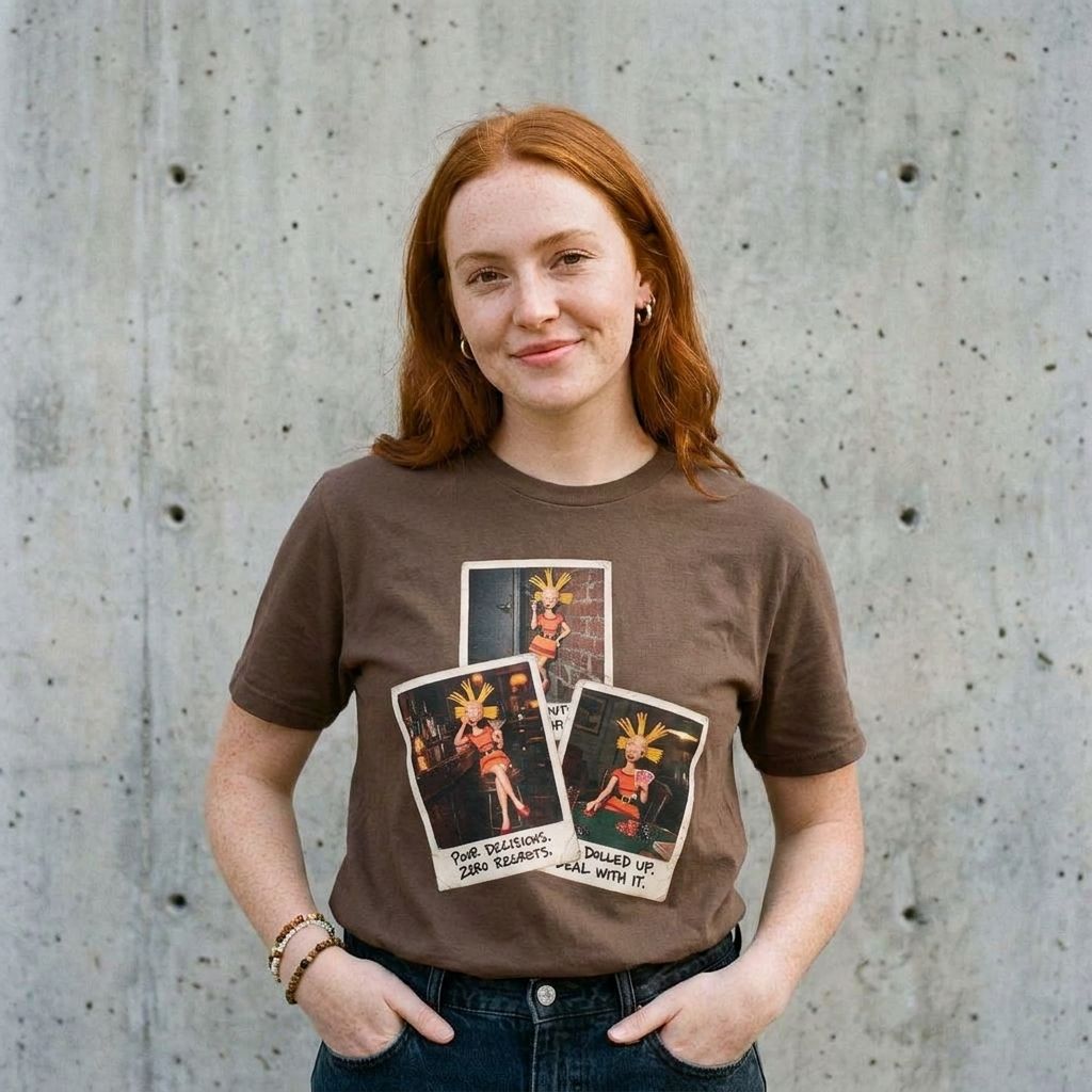 Model wearing Rugrats Cynthia Doll Polaroids Tee against a cement wall