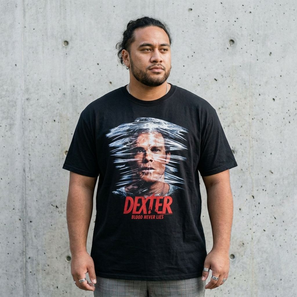 Model wearing Dexter TV Series Graphic Tee against a cement wall