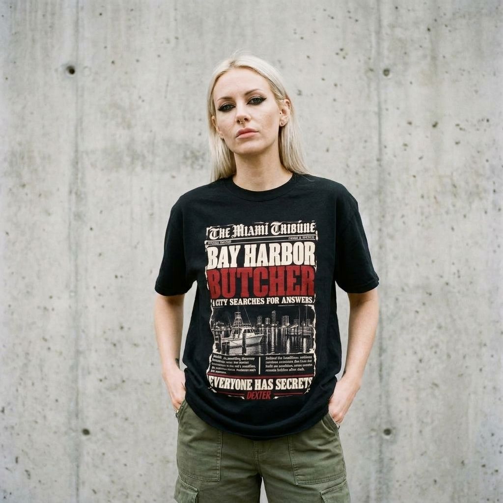 Model wearing Bay Harbor Butcher Graphic Tee against a cement wall