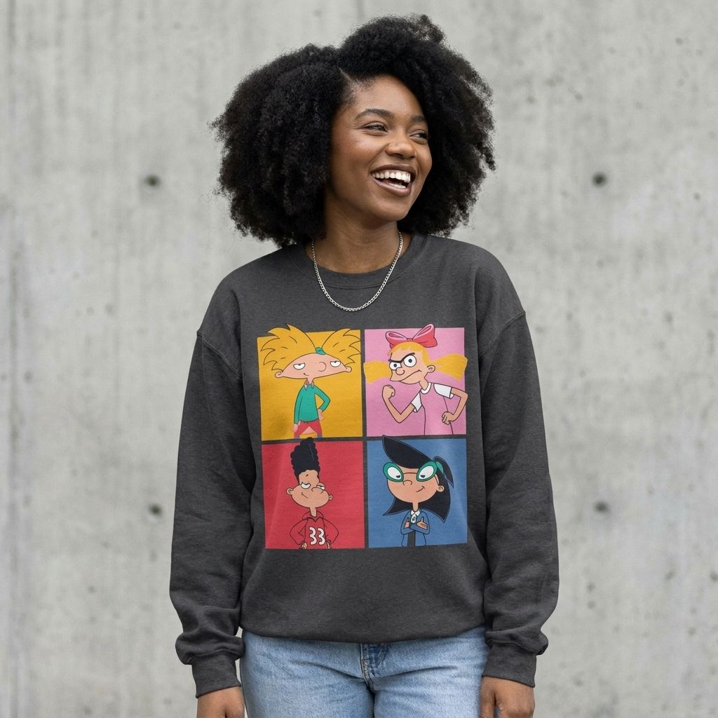 Model wearing Retro Cartoon Character Collage Sweatshirt, Nostalgic Cartoon Crewneck, Colorful Retro Graphic Sweater, Cartoon Lover Gift against a cement wall