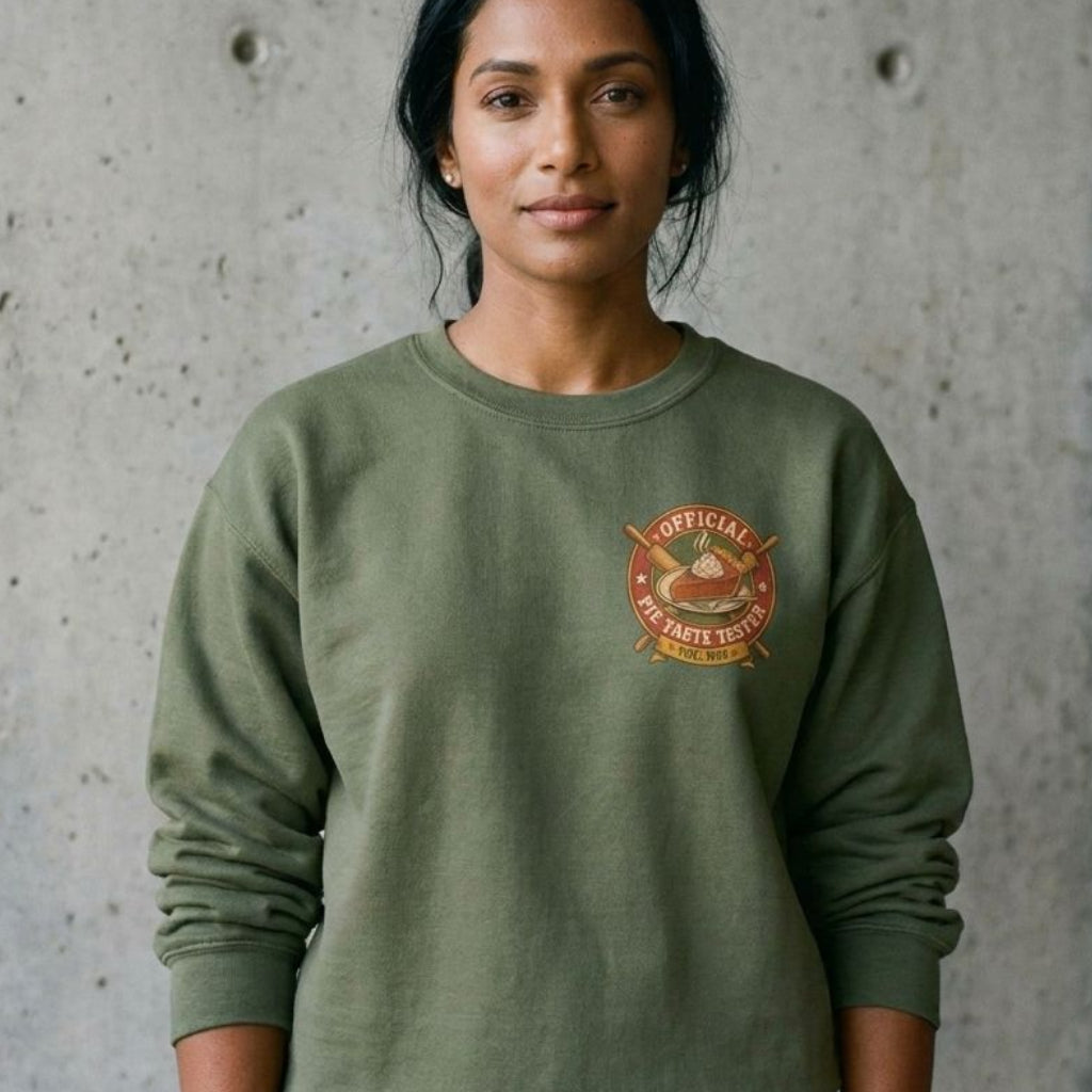 Model wearing Official Taste Tester Sweatshirt, Funny Foodie Crewneck, Vintage Food Lover Sweater, Gift for Cooks, Bakers and Snack Lovers against a cement wall