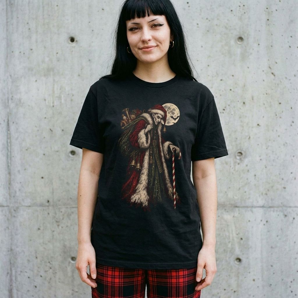 Model wearing Nosferatu Vampire Santa Tee against a cement wall