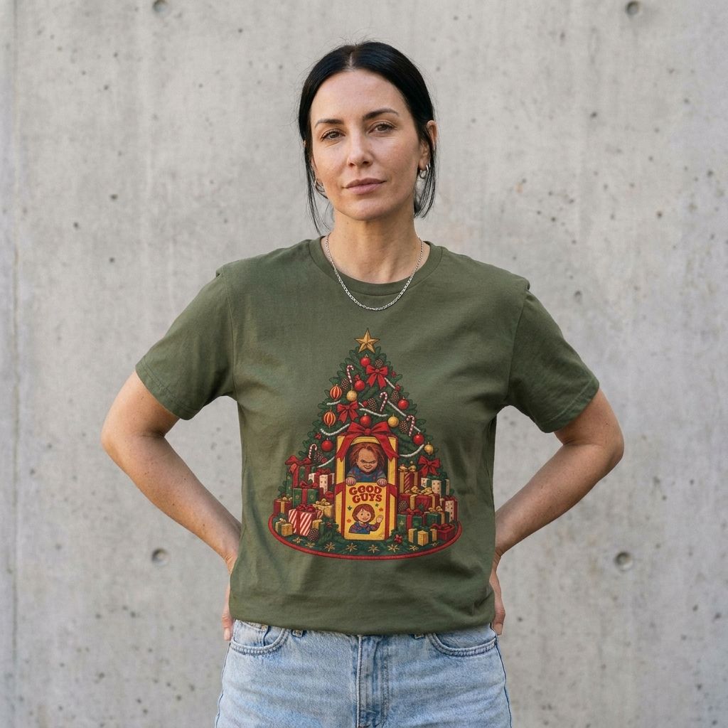 Model wearing Chucky Graphic Tee against a cement wall