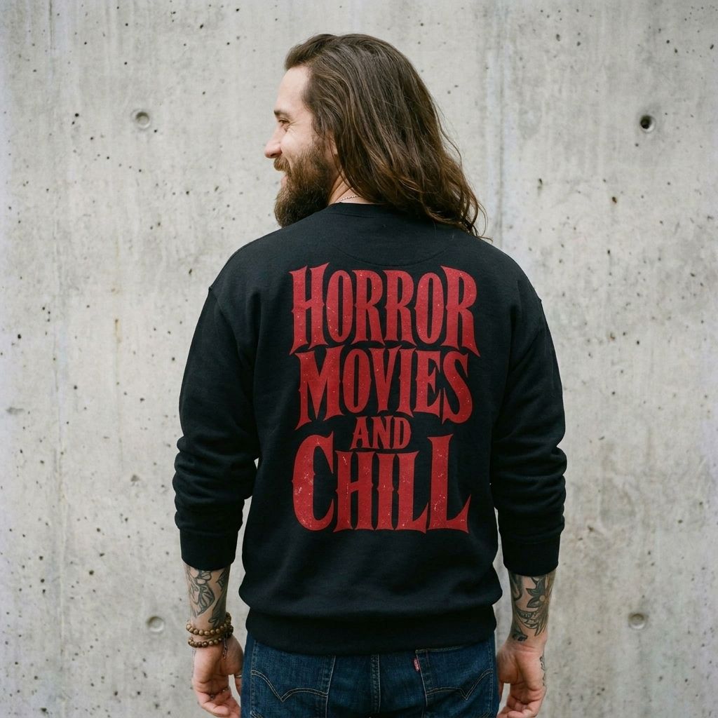 Back view of model wearing Horror Movies and Chill Crewneck Sweatshirt against a cement wall
