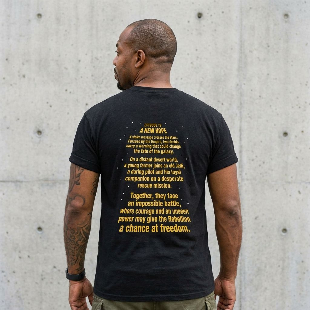 Back view of model wearing Star Wars A New Hope Quote Graphic Tee against a cement wall