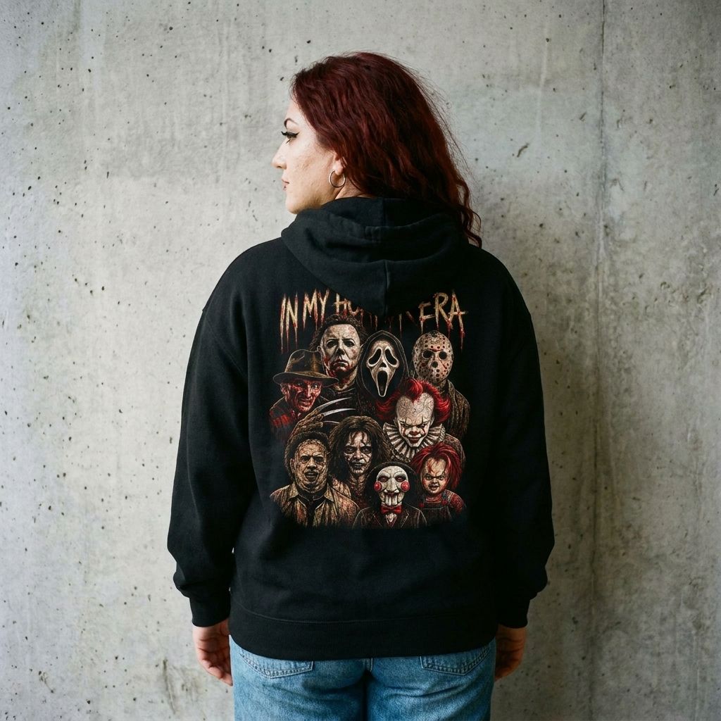 Back view of model wearing Horror Icons Zip-Up Hoodie against a cement wall