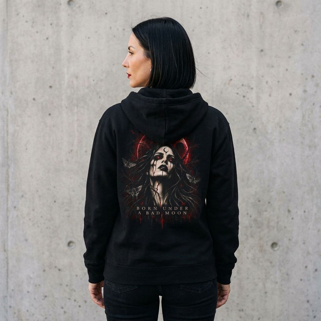Back view of model wearing Born Under A Bad Moon Graphic Zip Up Hoodie against a cement wall
