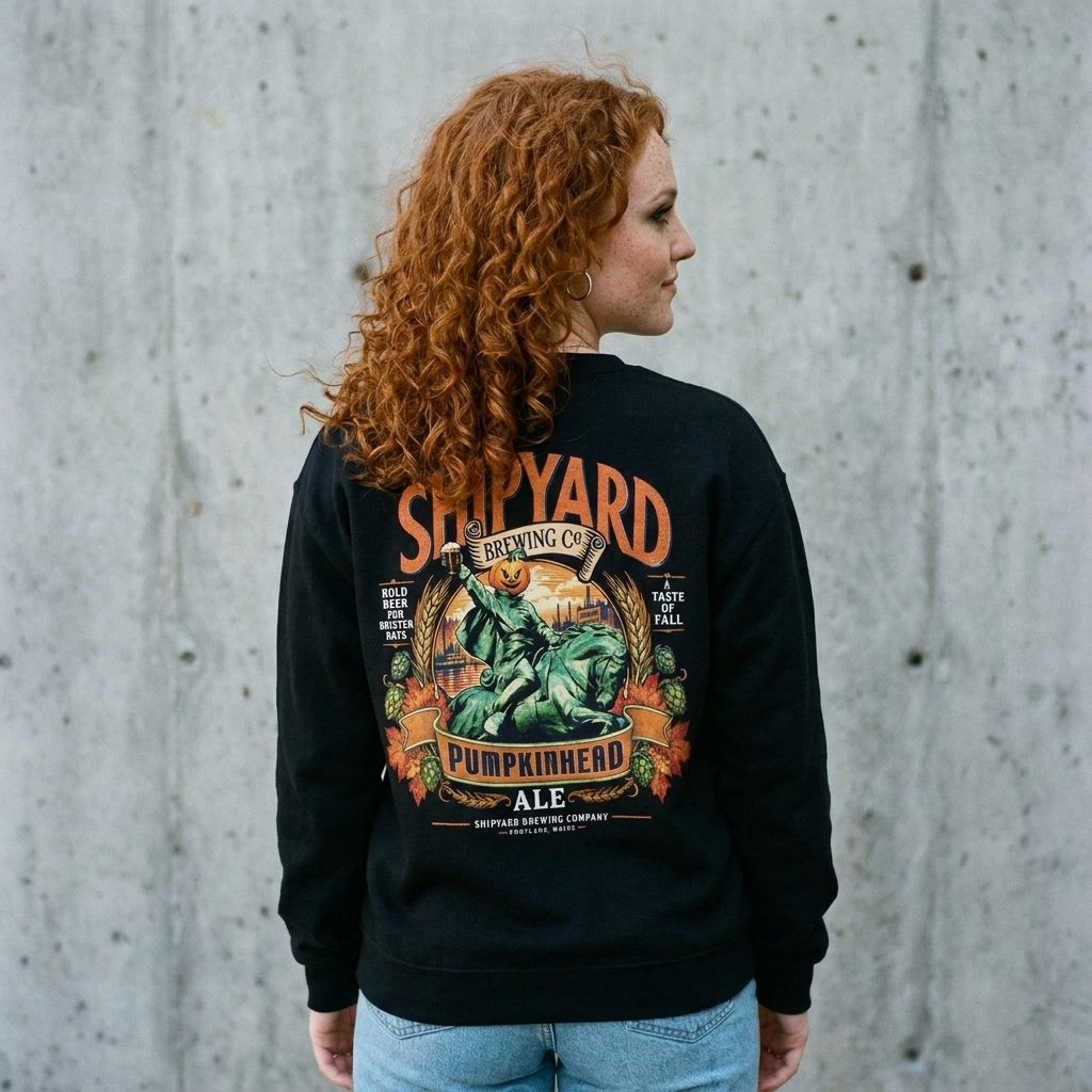 Back view of model wearing Shipyard Pumpkinhead Ale Sweatshirt against a cement wall