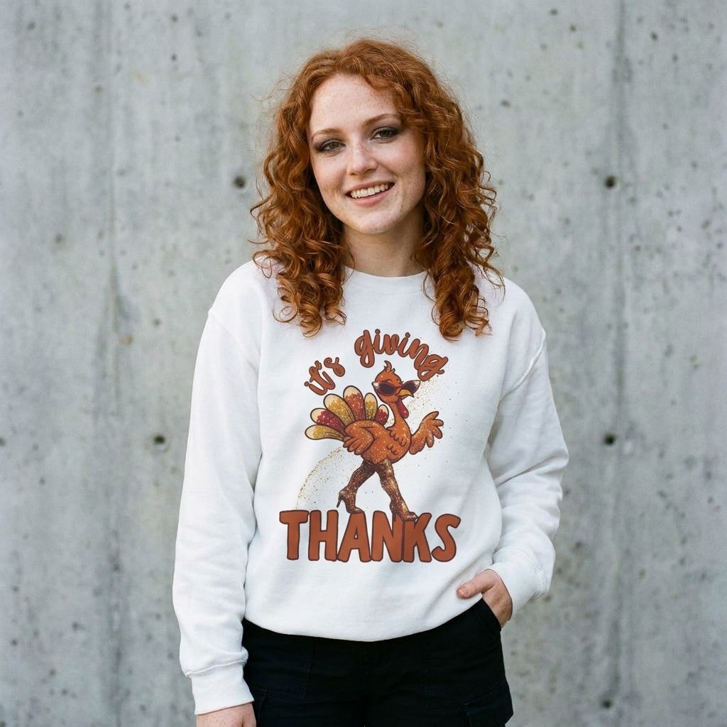 Model wearing It’s Giving Thanks Thanksgiving Turkey Crewneck Sweatshirt against a cement wall