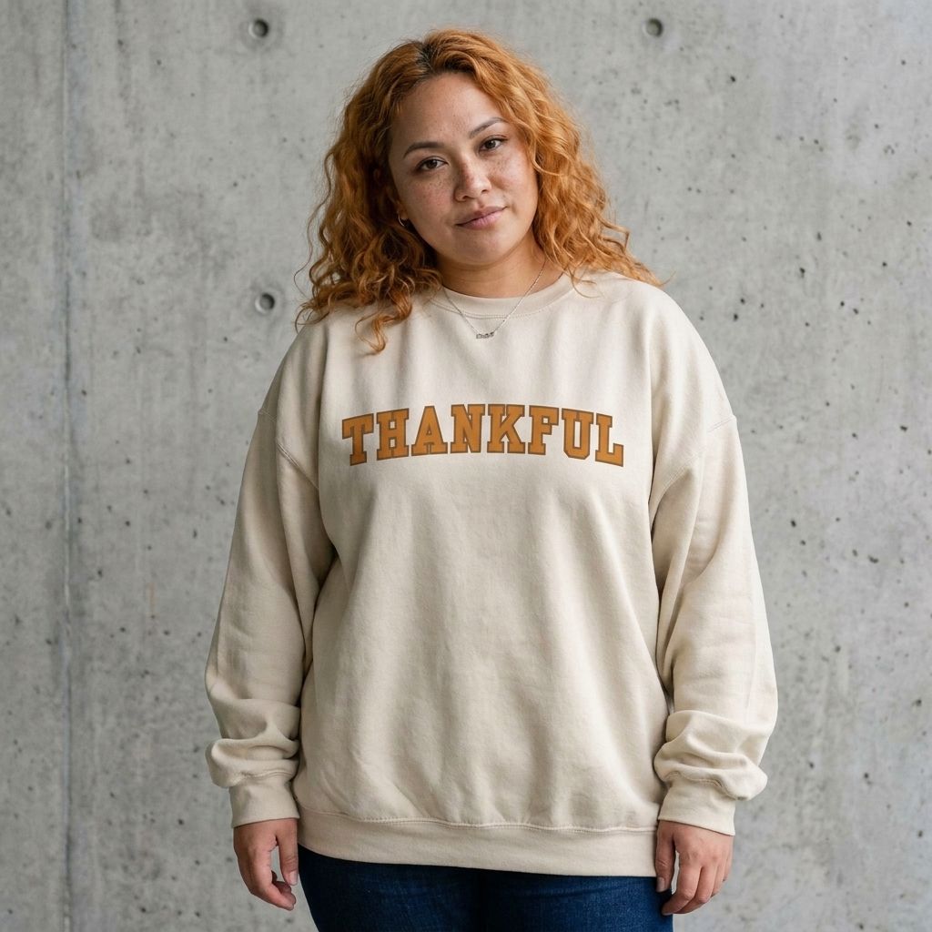 Model wearing Thankful Thanksgiving Crewneck Sweatshirt against a cement wall