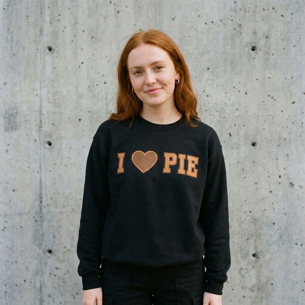 Model wearing I Love Pie Thanksgiving Crewneck Sweatshirt against a cement wall